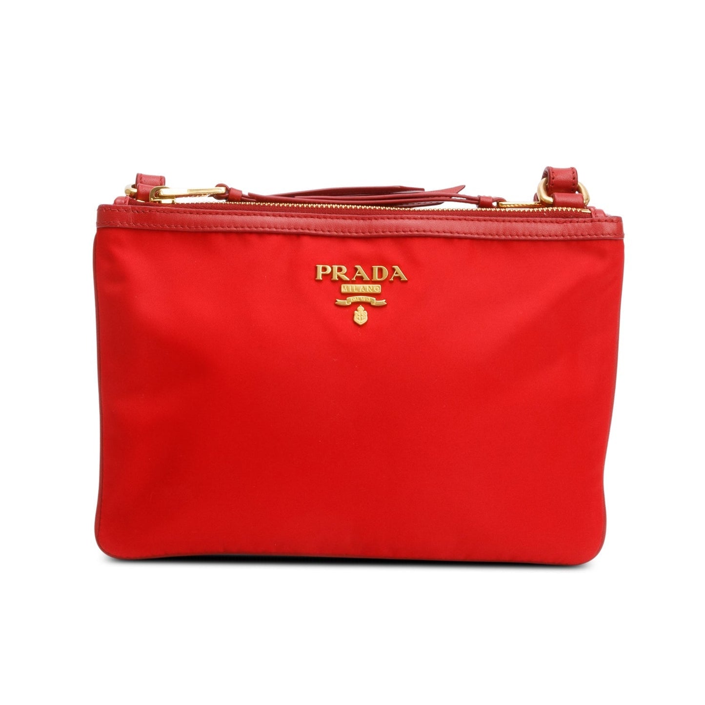Prada Red Soft Calf Leather Tessuto Nylon Small Double Zip Crossbody Bag