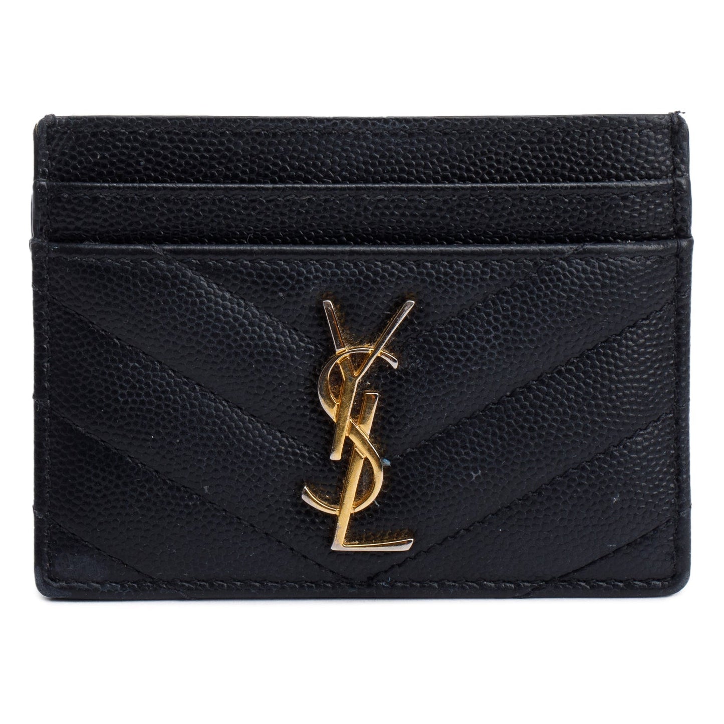 Saint Laurent Black Grain de Poudre Matelasse Chevron Leather Card Holder