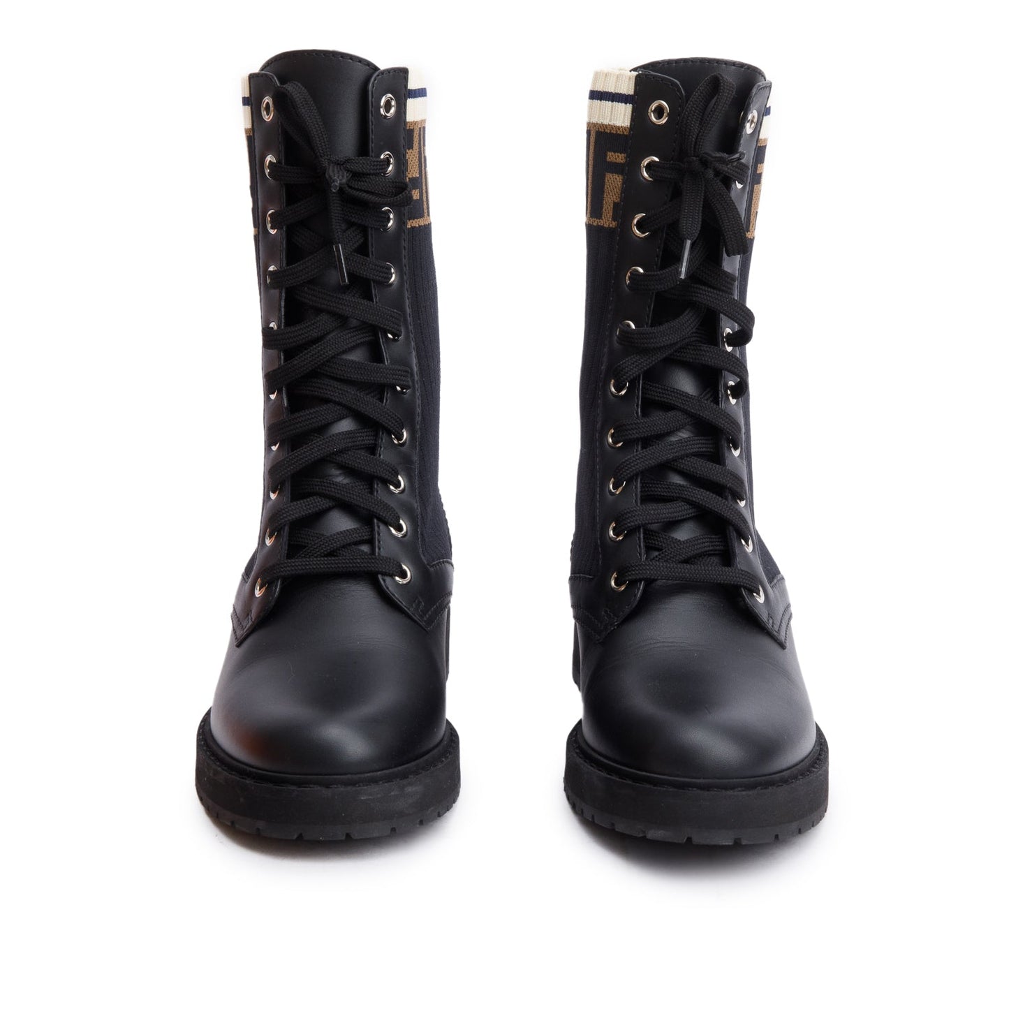 Fendi Black Leather FF Stretch Fabric Rockoko Biker Boots, Size 38