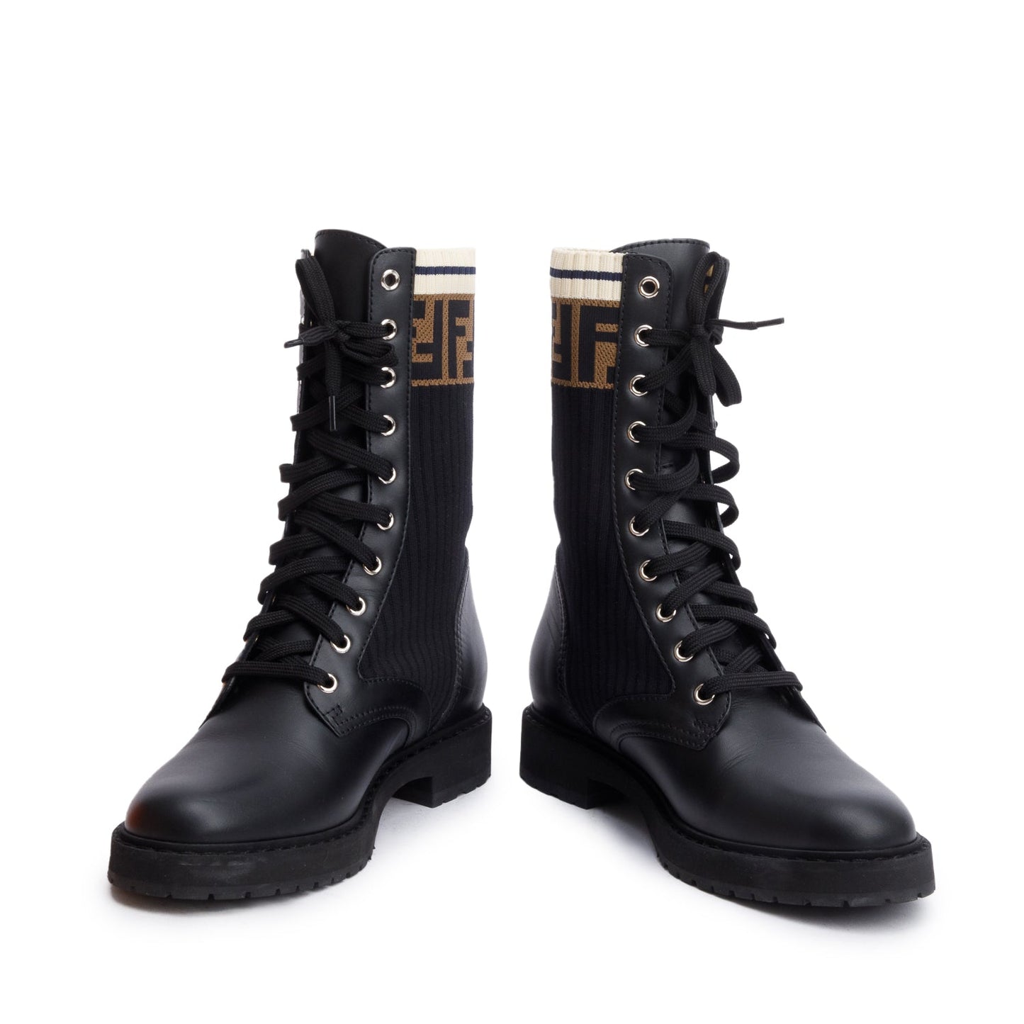 Fendi Black Leather FF Stretch Fabric Rockoko Biker Boots, Size 38