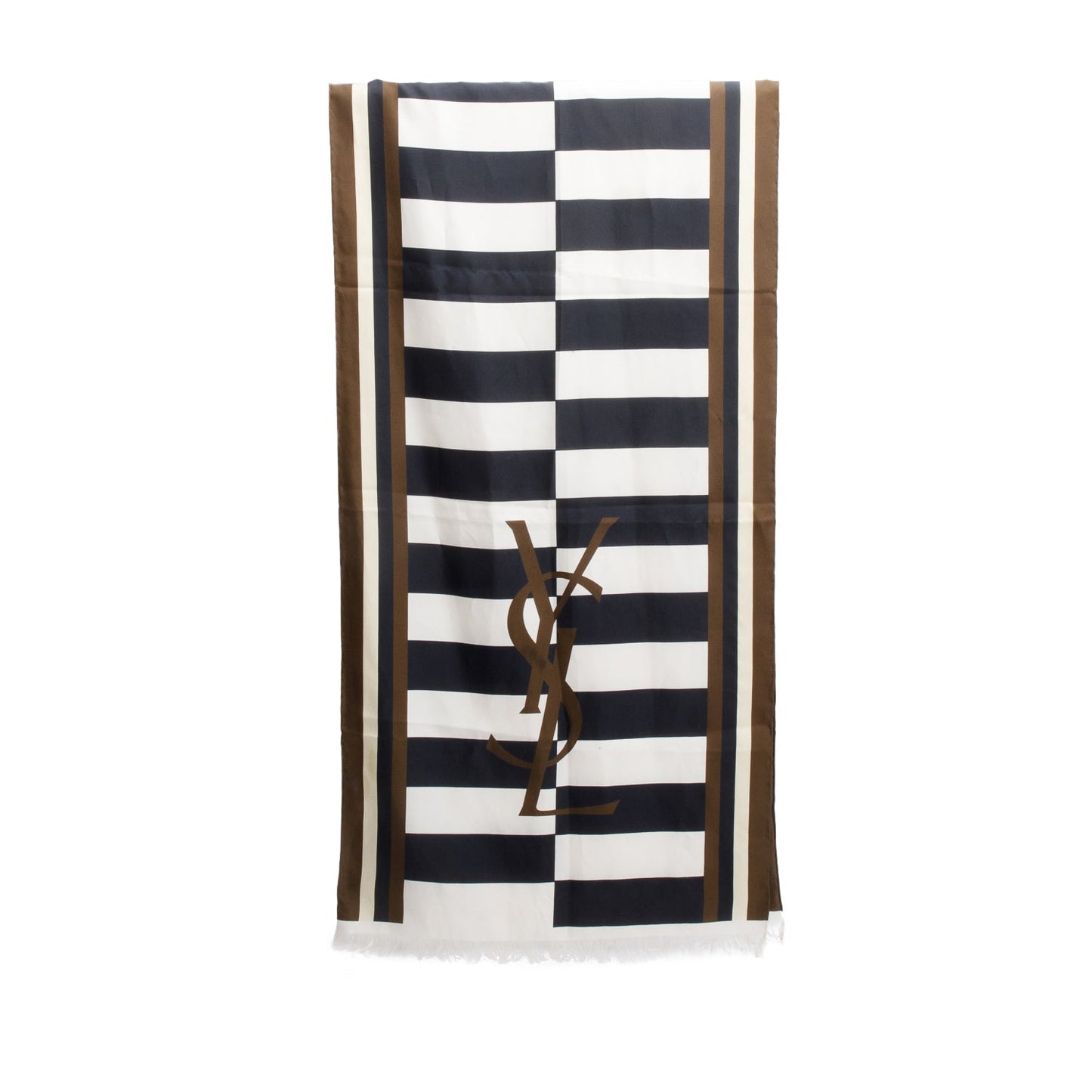 Saint Laurent Black/Brown/White Logo Striped Print Silk Scarf
