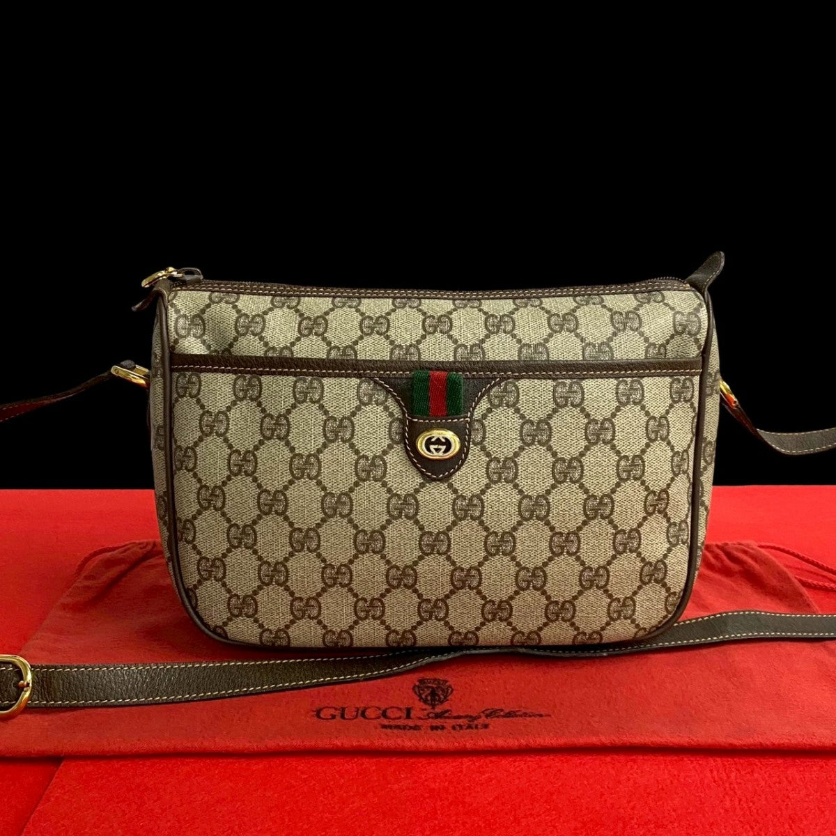 GUCCI Shoulder Bag leather Brown GG logo Metal Sherry line Women