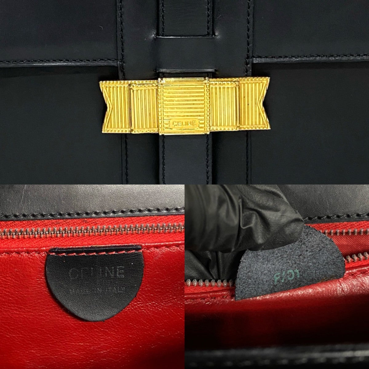 CELINE Handbag leather black logo ribbon Metal Women