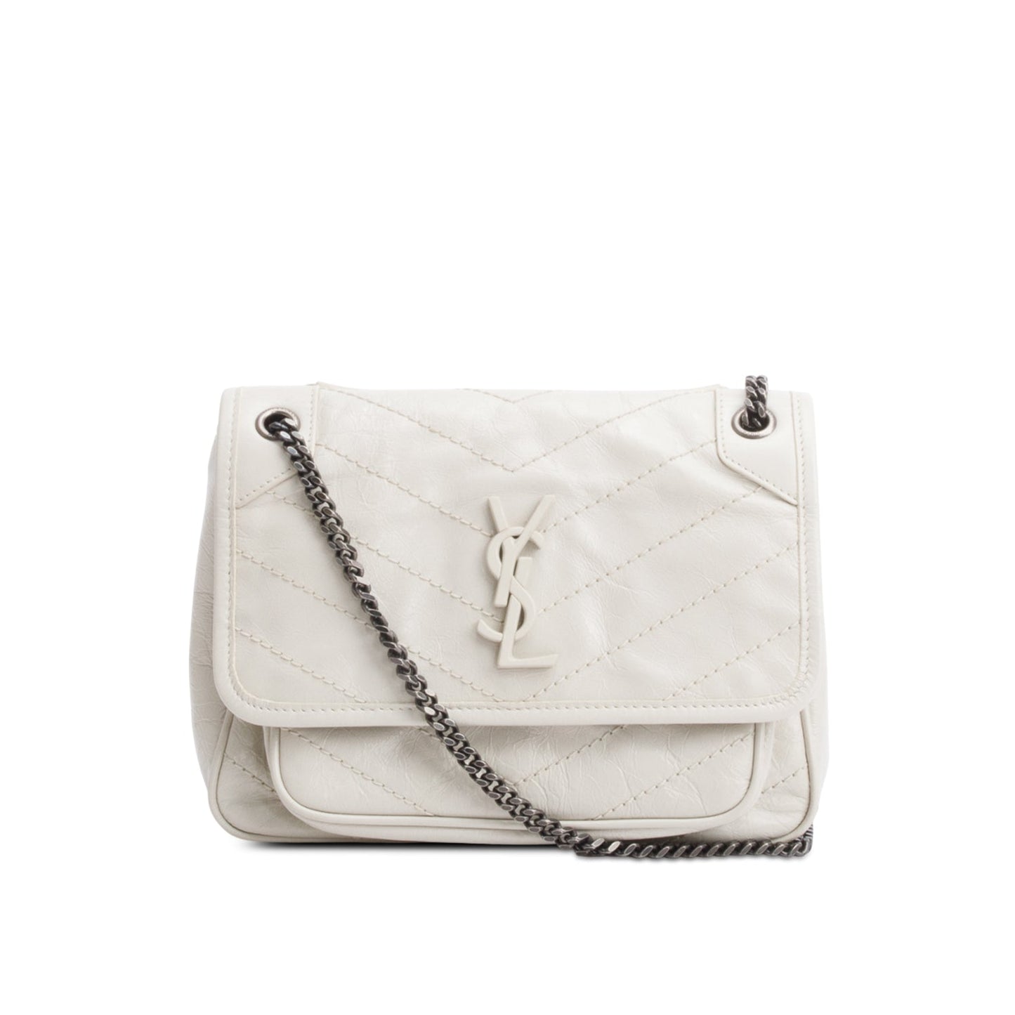 Saint Laurent Ivory Crinkled Calfskin Matelasse Leather Baby Niki Chain Satchel