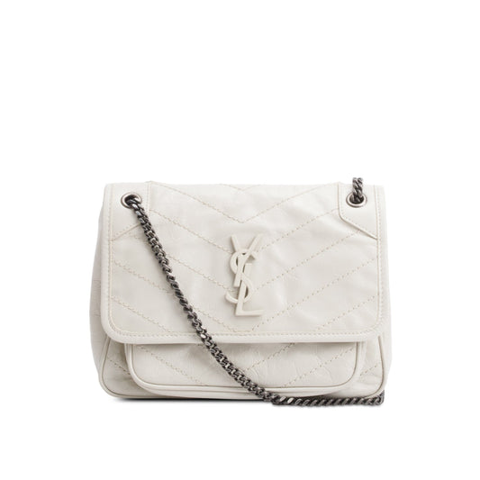 Saint Laurent Ivory Crinkled Calfskin Matelasse Leather Baby Niki Chain Satchel