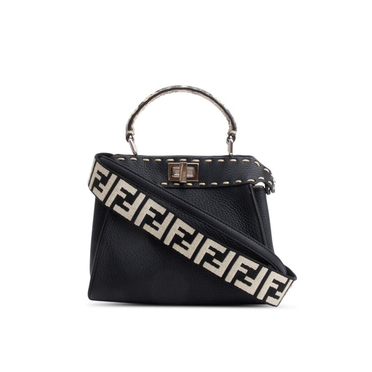Fendi 2022 Black Calfskin Leather Python Trim Mini Selleria Peekaboo Bag