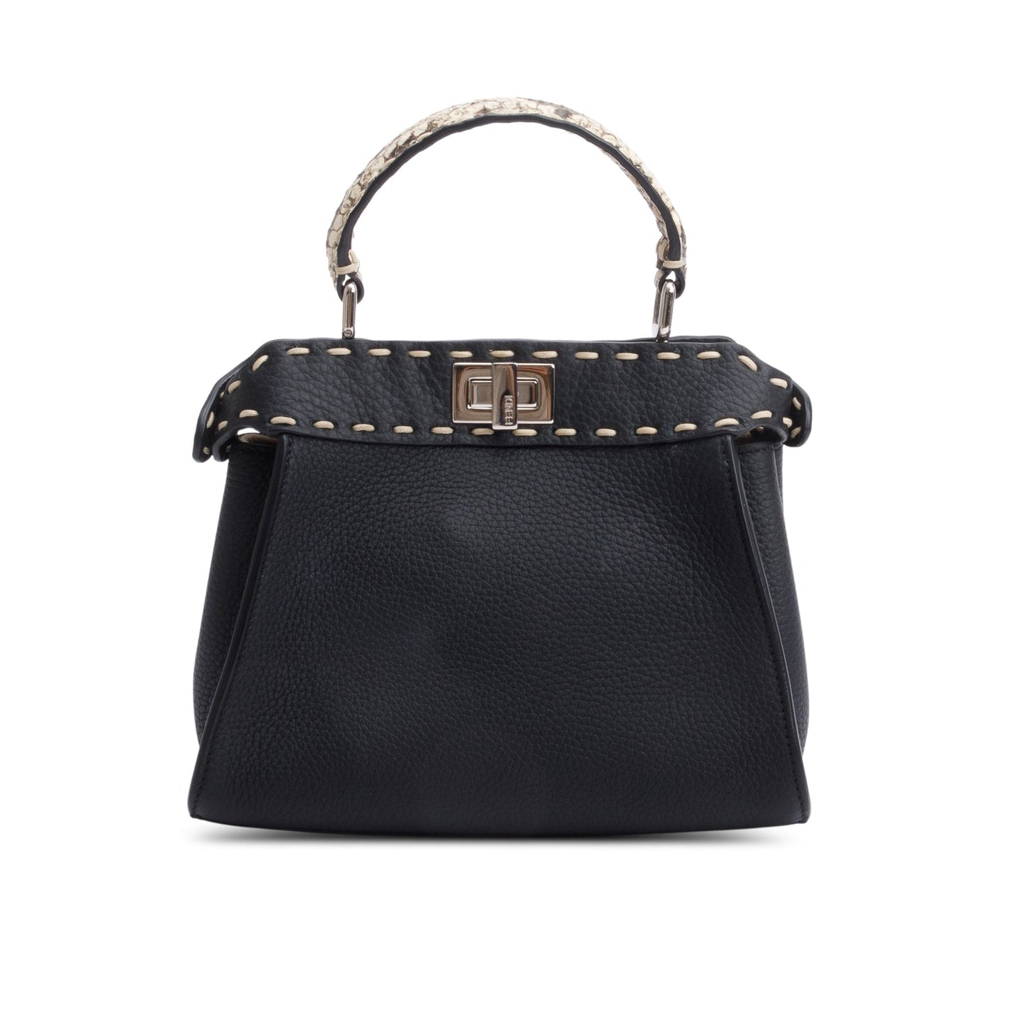 Fendi 2022 Black Calfskin Leather Python Trim Mini Selleria Peekaboo Bag