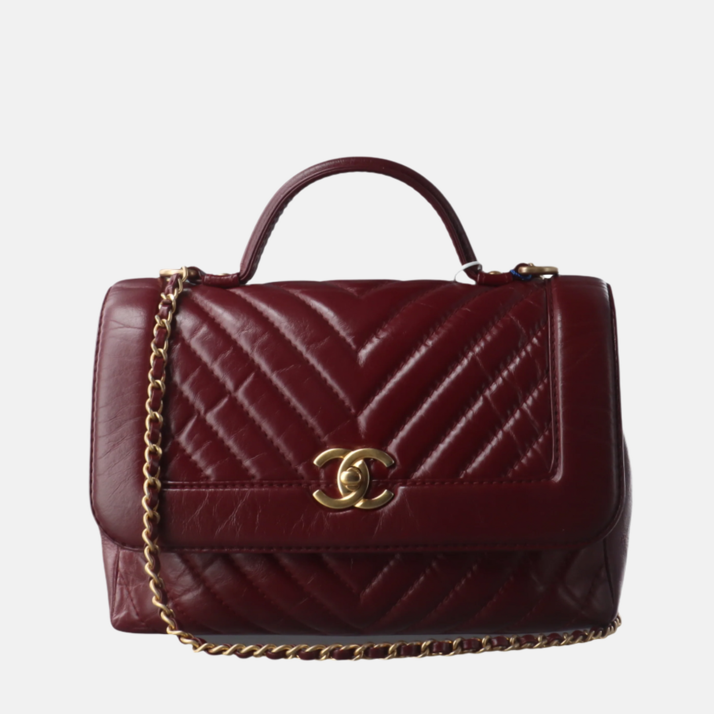 Chanel Top Handle Chevron Flap Bag Mini Burgundy Calfskin Leather, 2017