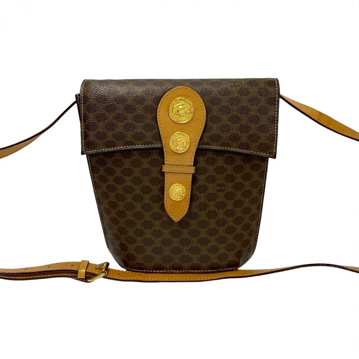 CELINE Shoulder Bag Leather, PVC Brown Macadam Blason Triomphe Pattern Medal Coin Motif Metal Women