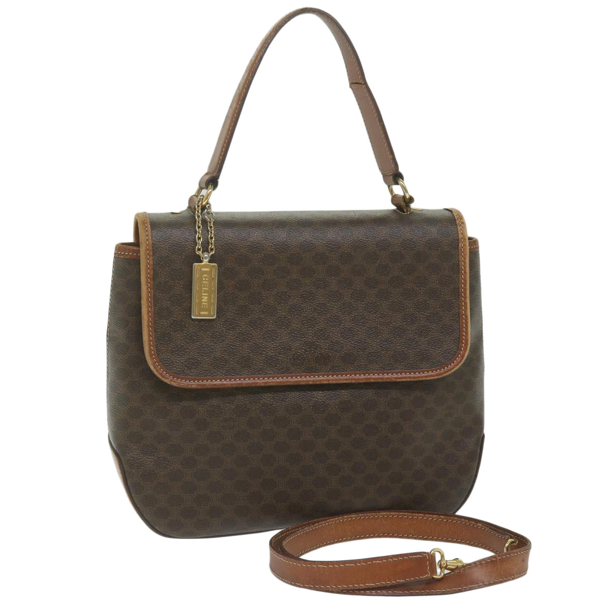 Luxury CELINE Macadam Canvas Hand Bag PVC Leather 2way Brown  62941