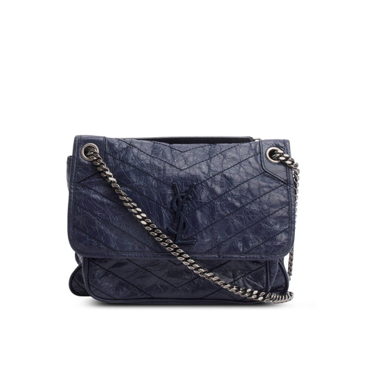 Saint Laurent Blue Crinkled Calfskin Leather Medium Niki Shoulder Bag