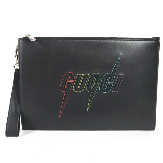 GUCCI Clutch bag 597678 leather black bag pouch Braid embroidery logo unisex(Unisex)