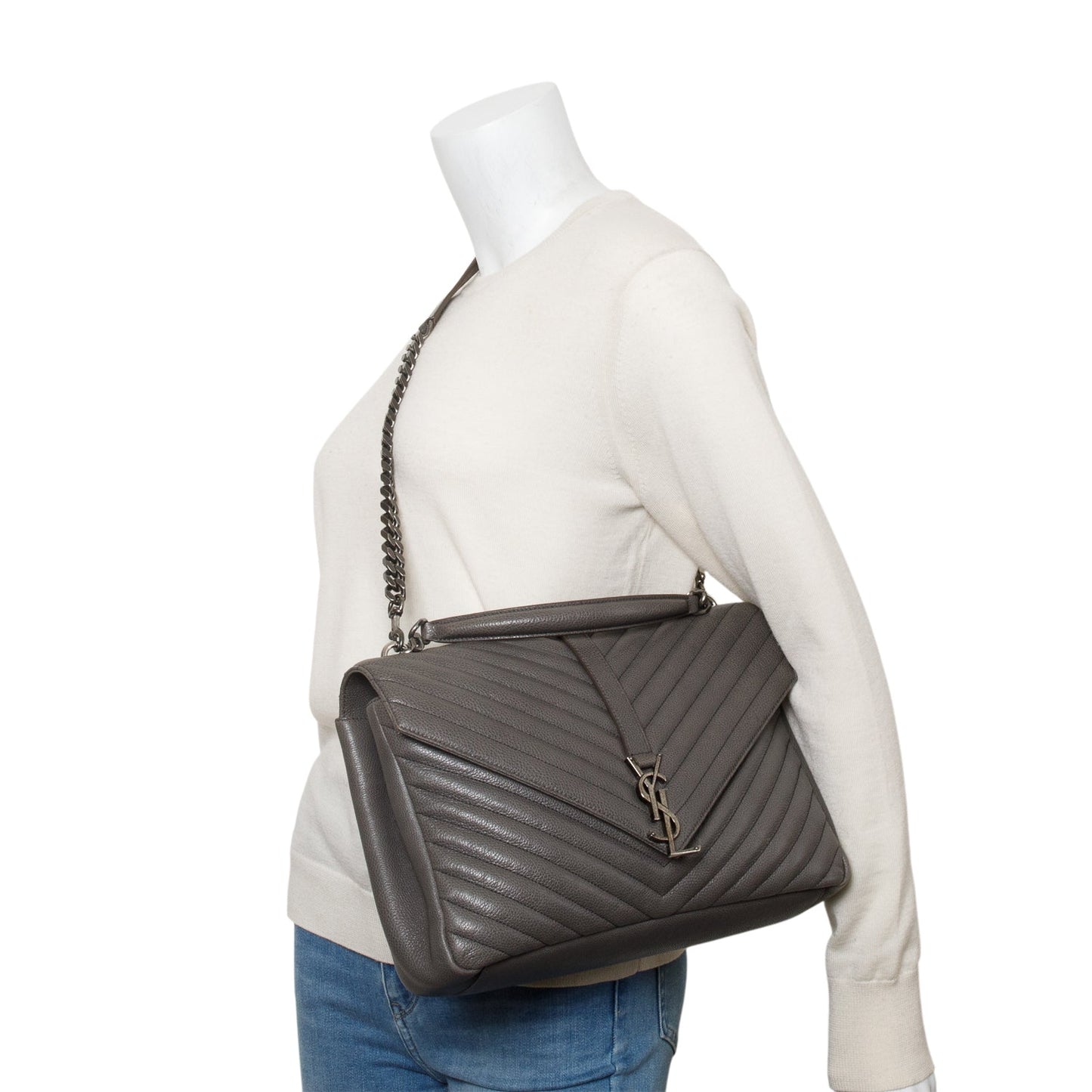 Saint Laurent Grey Leather Large Chevron College Bag