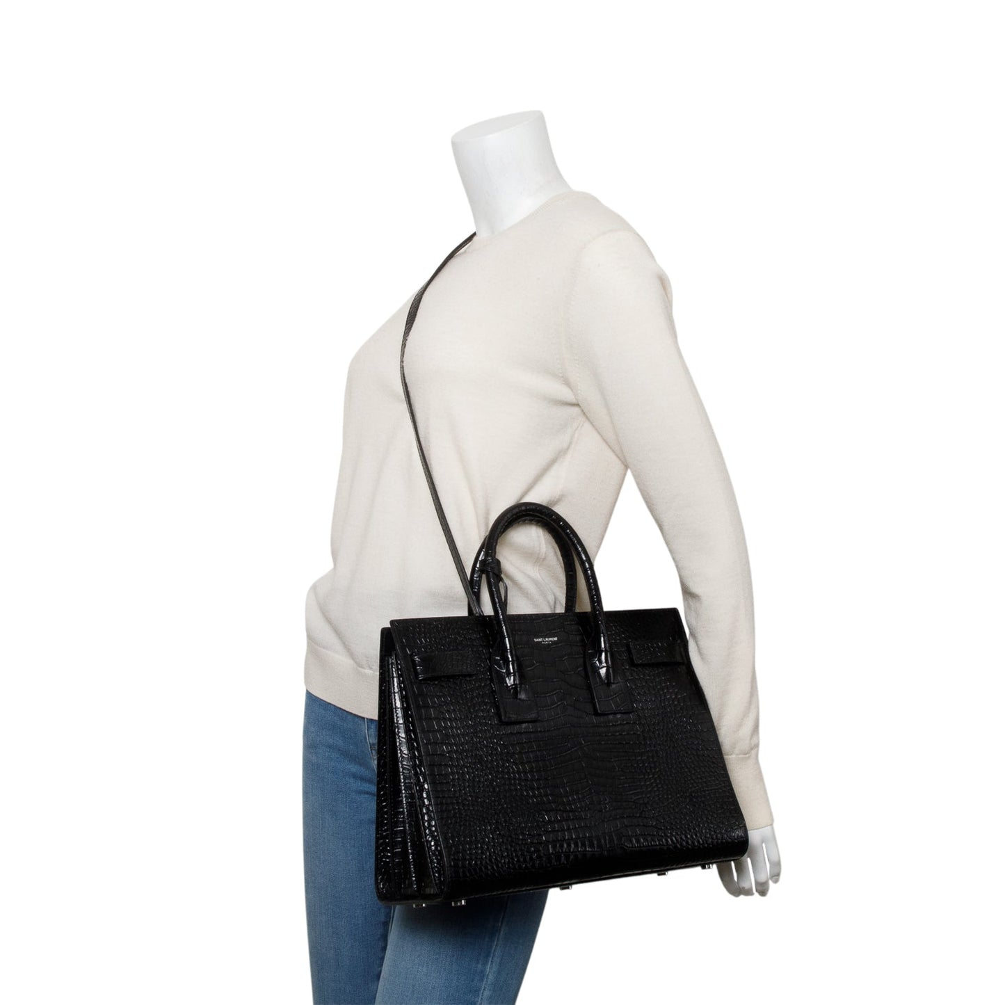 Saint Laurent Black Crocodile Embossed Calfskin Leather Small Sac De Jour