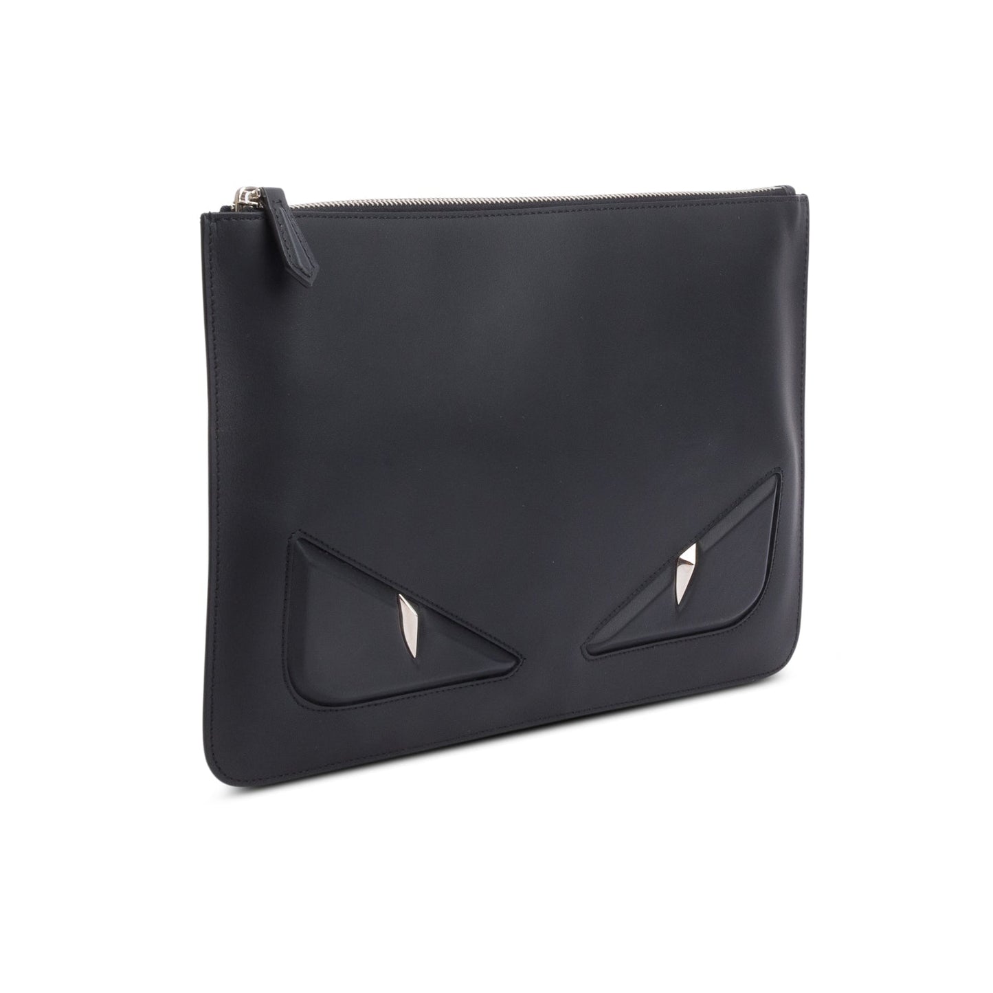 Fendi Black Calfskin Leather Monster Eye Zip Clutch