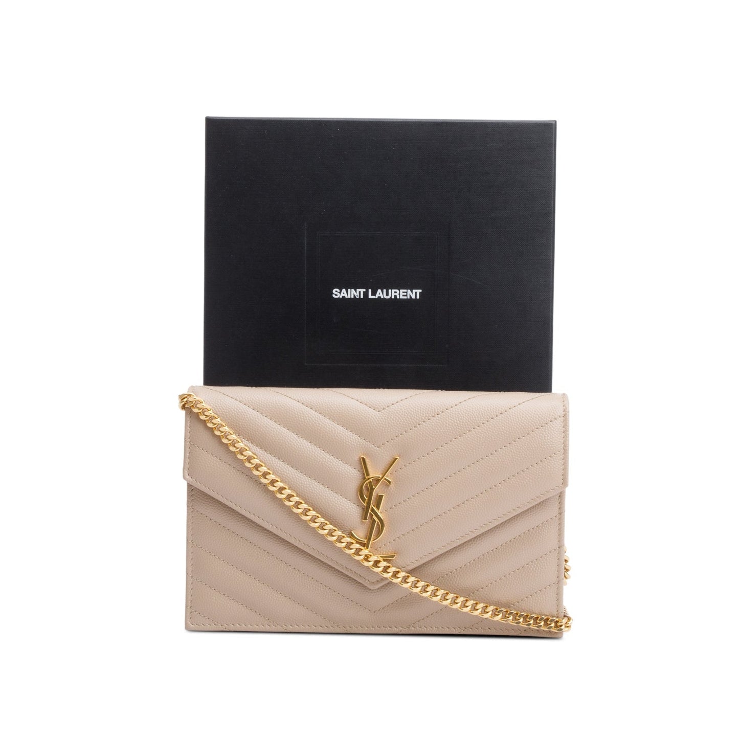 Saint Laurent 2022 Beige Cassandre Matelasse Envelope Chain Wallet