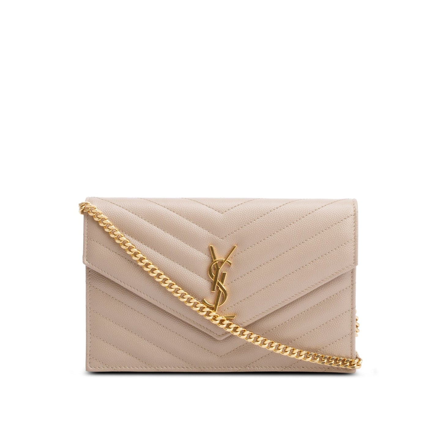 Saint Laurent 2022 Beige Cassandre Matelasse Envelope Chain Wallet