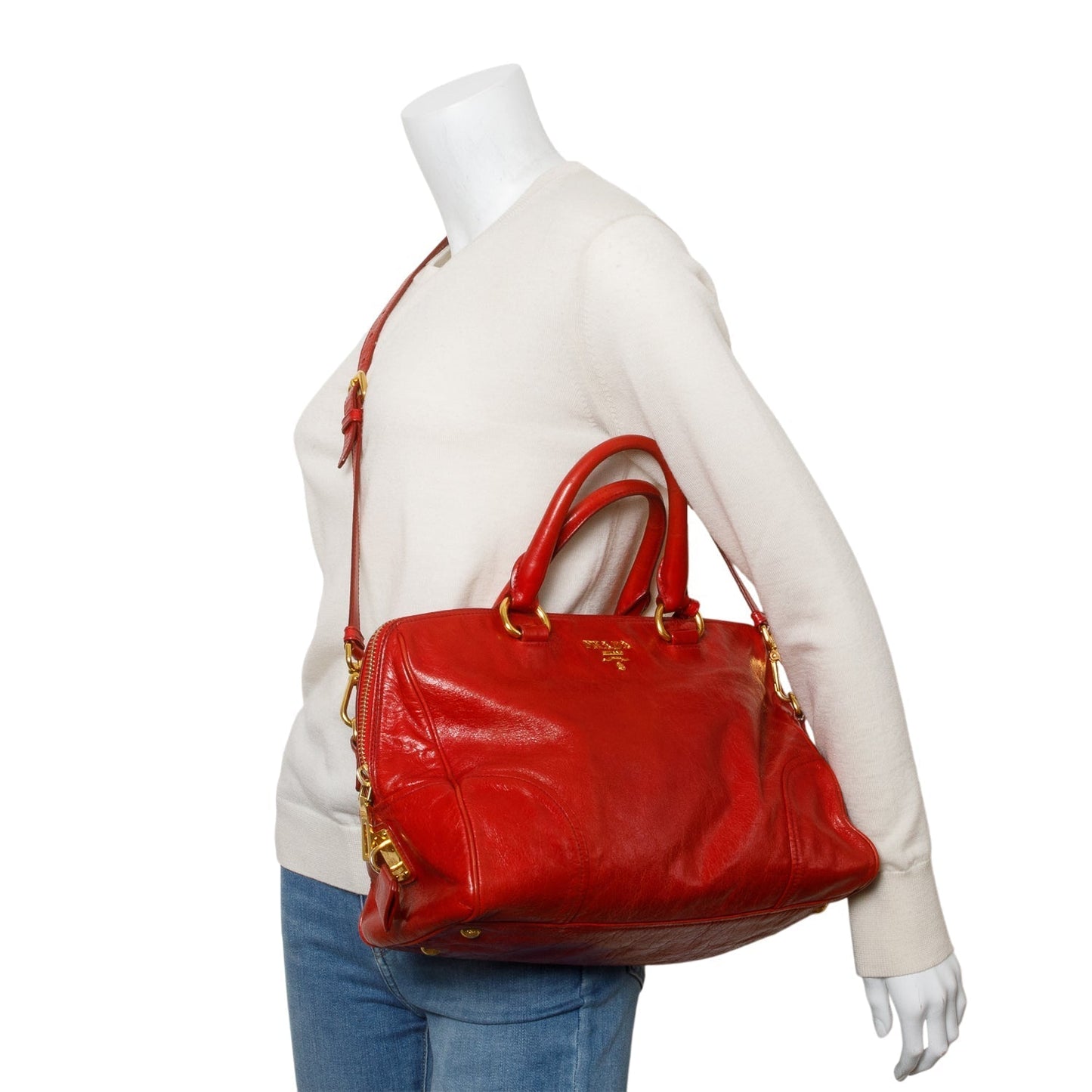 Prada Red Vitello Shine Leather Bauletto