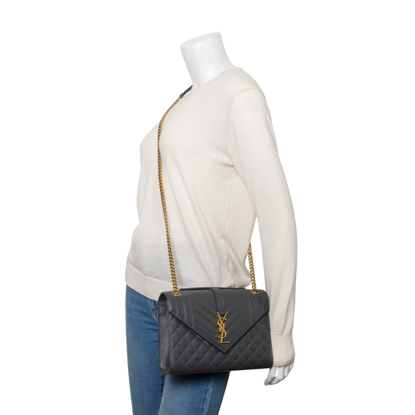 Saint Laurent 2022 Grey Grained De Poudre Medium Envelope Shoulder Bag