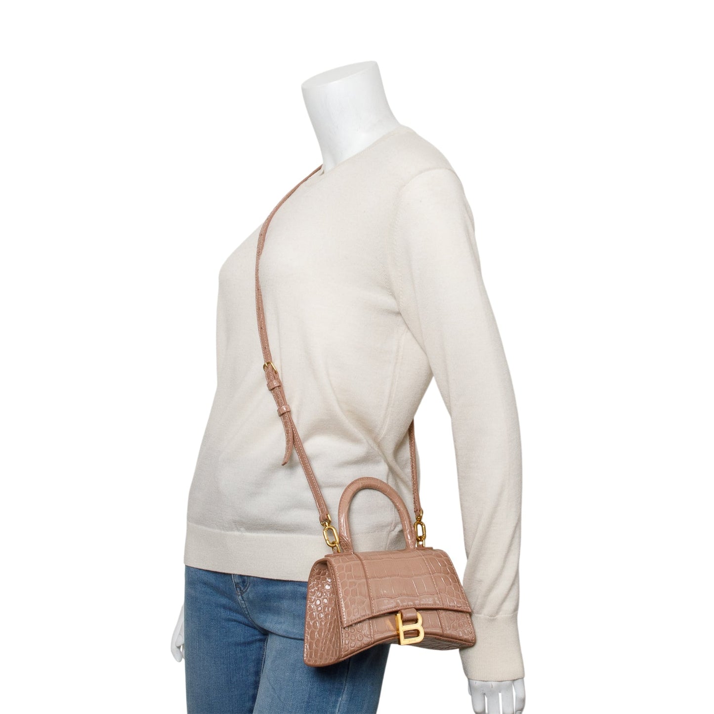 Balenciaga Beige Croc-Embossed Leather XS Hourglass Top Handle Bag