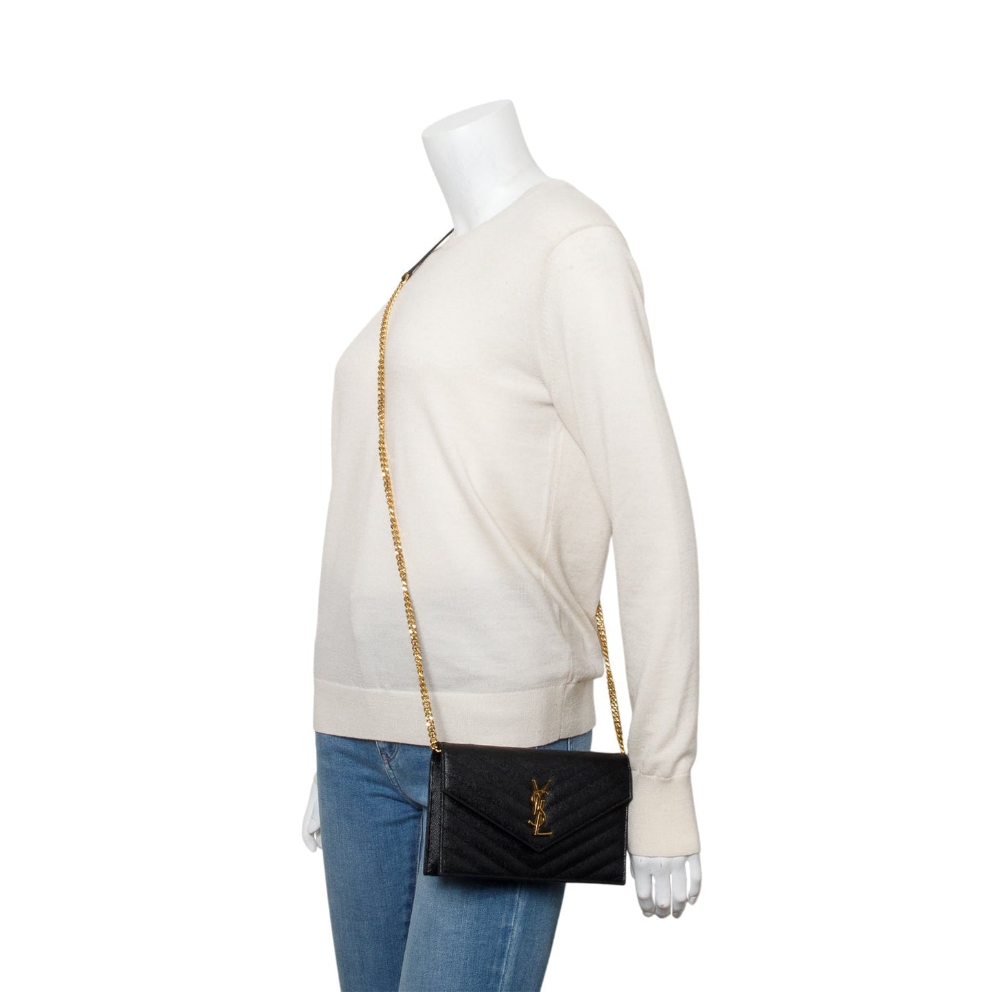 Saint Laurent Black Cassandre Matelasse Envelope Chain Wallet