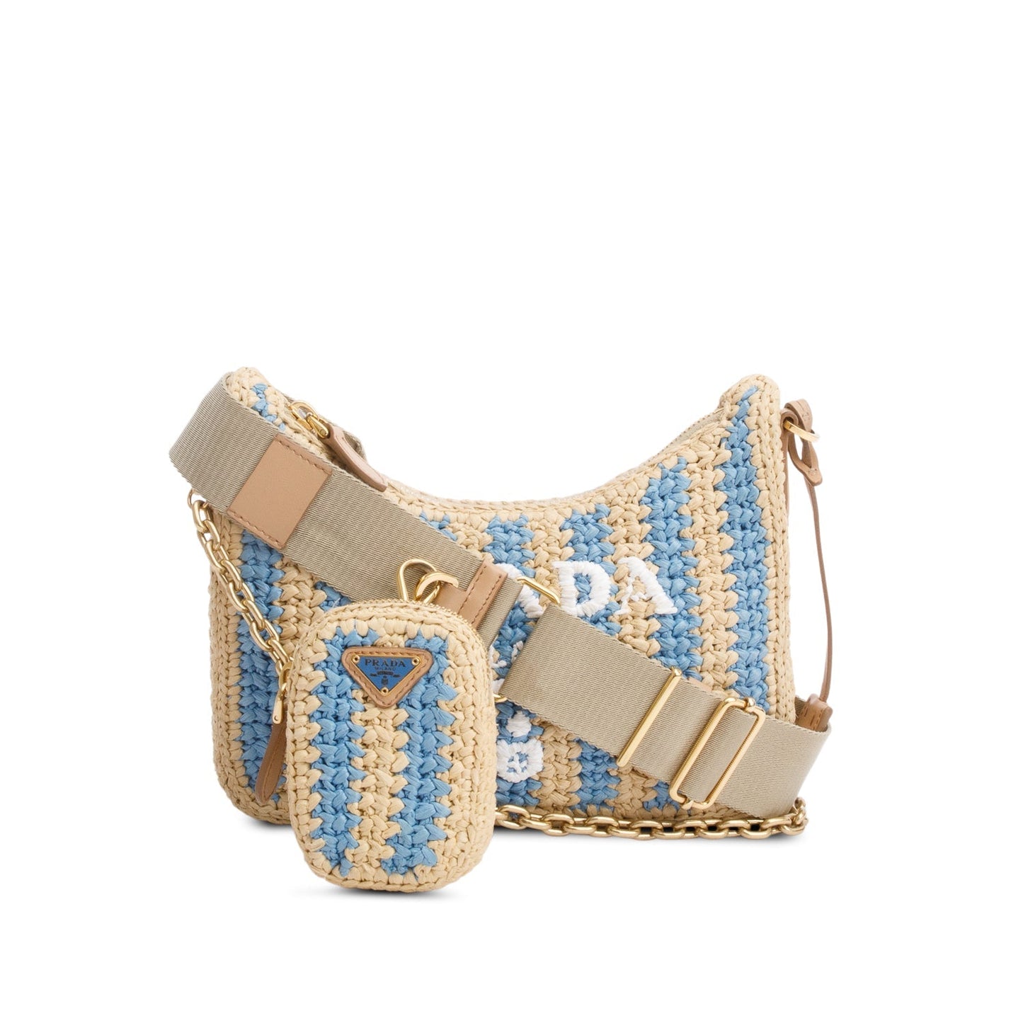 Prada Beige/Blue Raffia Re-Edition 2005 Shoulder Bag