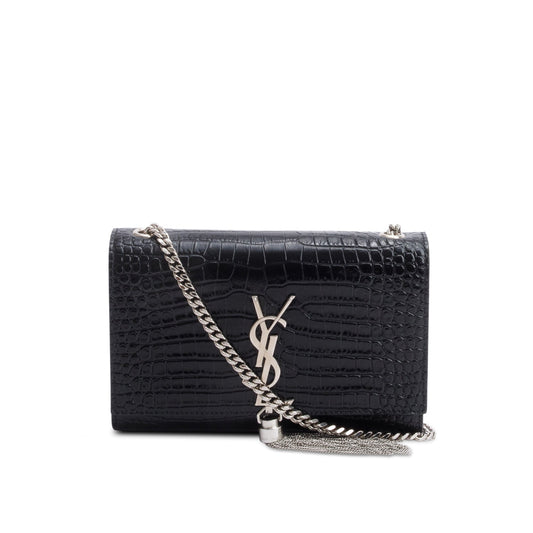Saint Laurent Black Crocodile-Embossed Leather Small Classic Monogram Kate Tassel Chain Bag