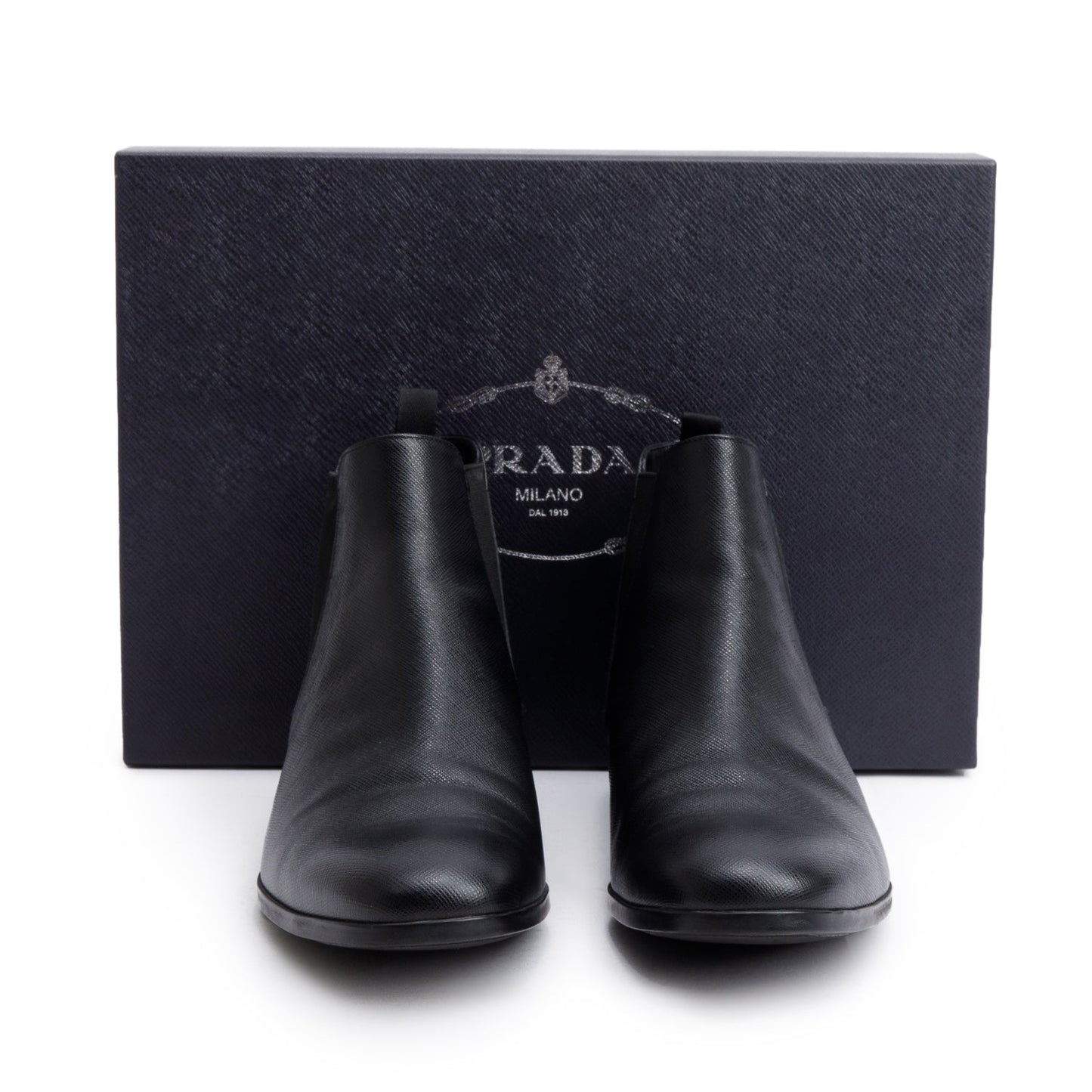 Prada Black Saffiano Leather Chelsea Ankle Boots, Men's Size 8.5