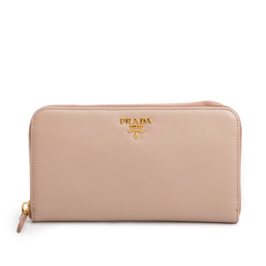 Prada Beige Saffiano Leather Zip Around Wallet