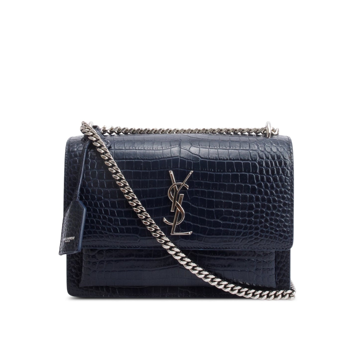 Saint Laurent Navy Croc Embossed Leather Medium Sunset Bag