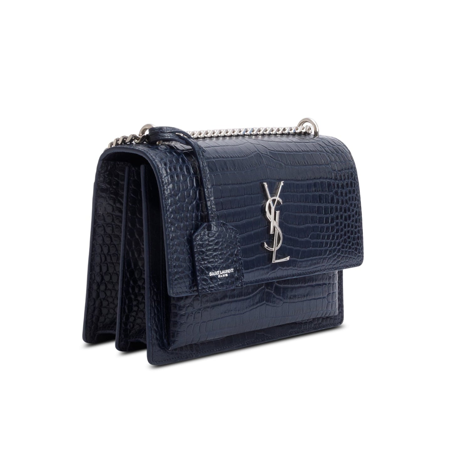 Saint Laurent Navy Croc Embossed Leather Medium Sunset Bag