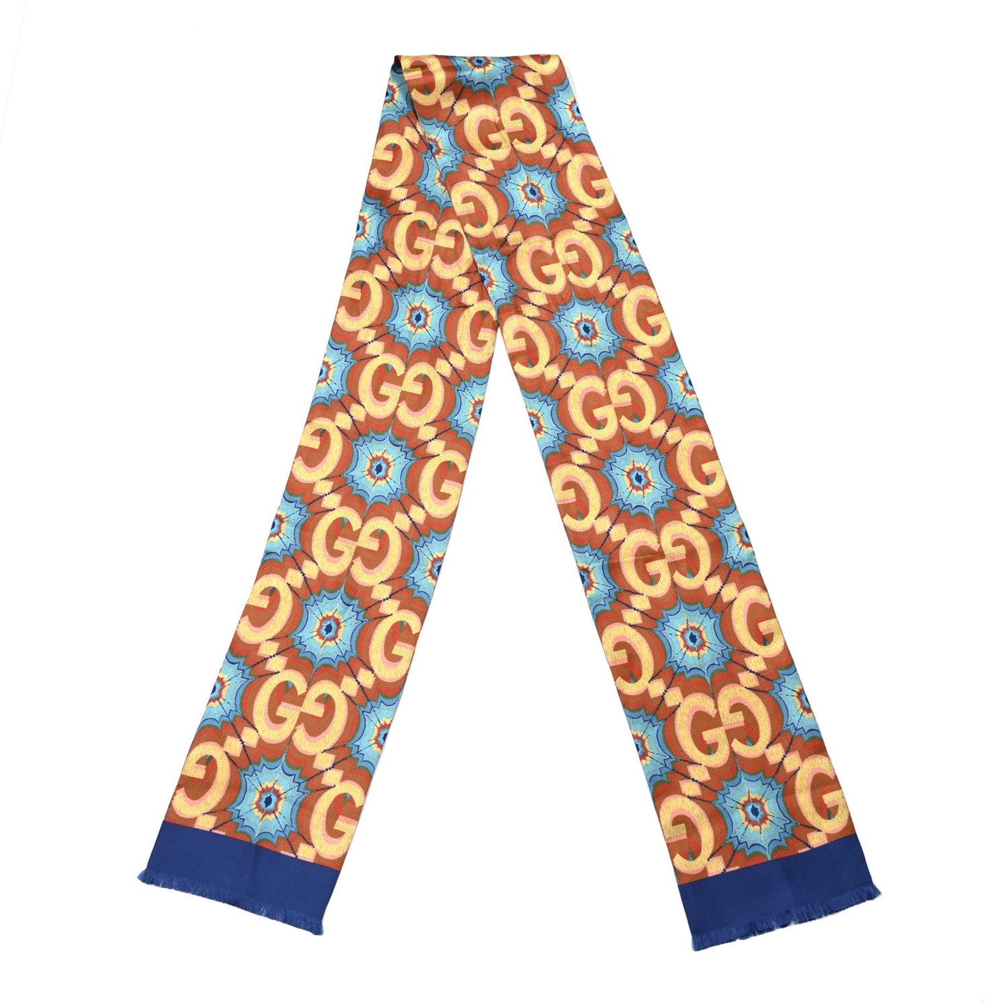 Gucci Silk Monogram Kaleidoscope 100 Fringe Scarf Blue Orange Multicolor