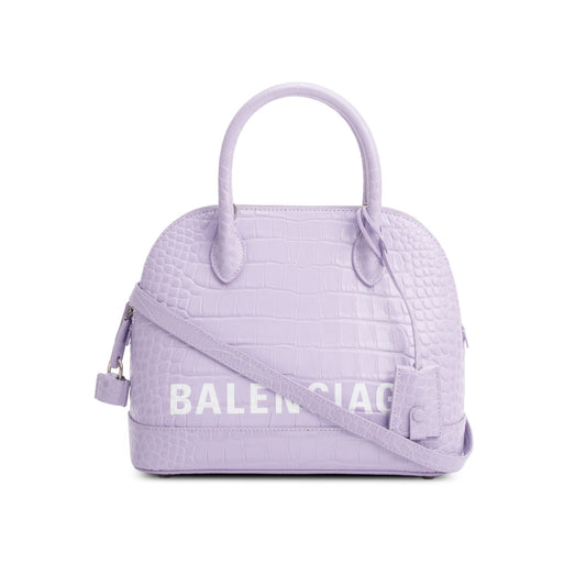 Balenciaga Lilac Shiny Calfskin Logo Croc Embossed S Ville Top Handle Bag