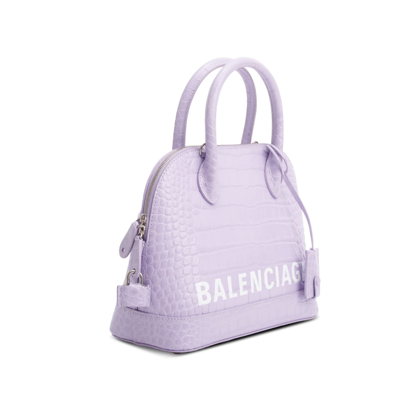 Balenciaga Lilac Shiny Calfskin Logo Croc Embossed S Ville Top Handle Bag