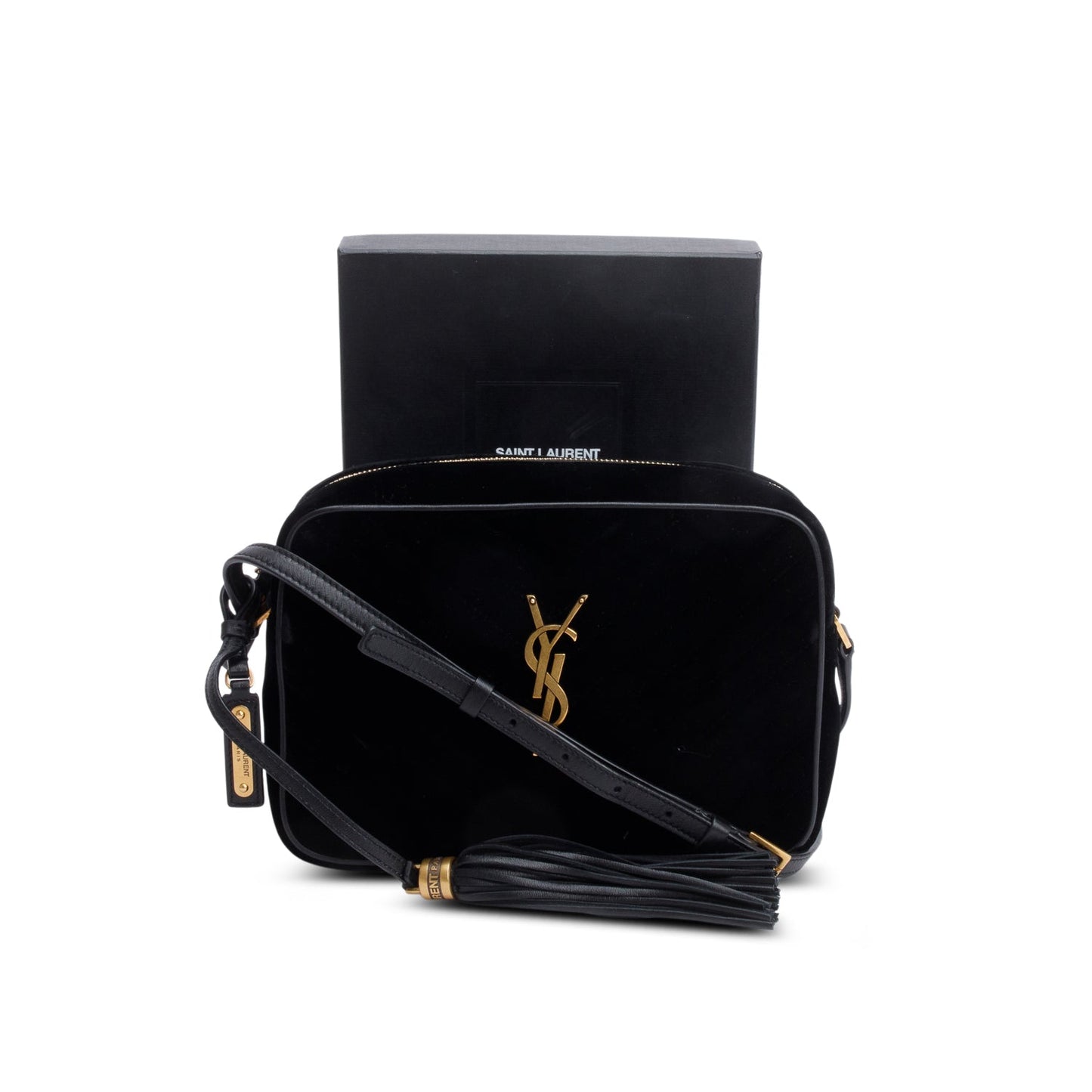 Saint Laurent Black Velvet Medium Lou Chevron Camera Bag