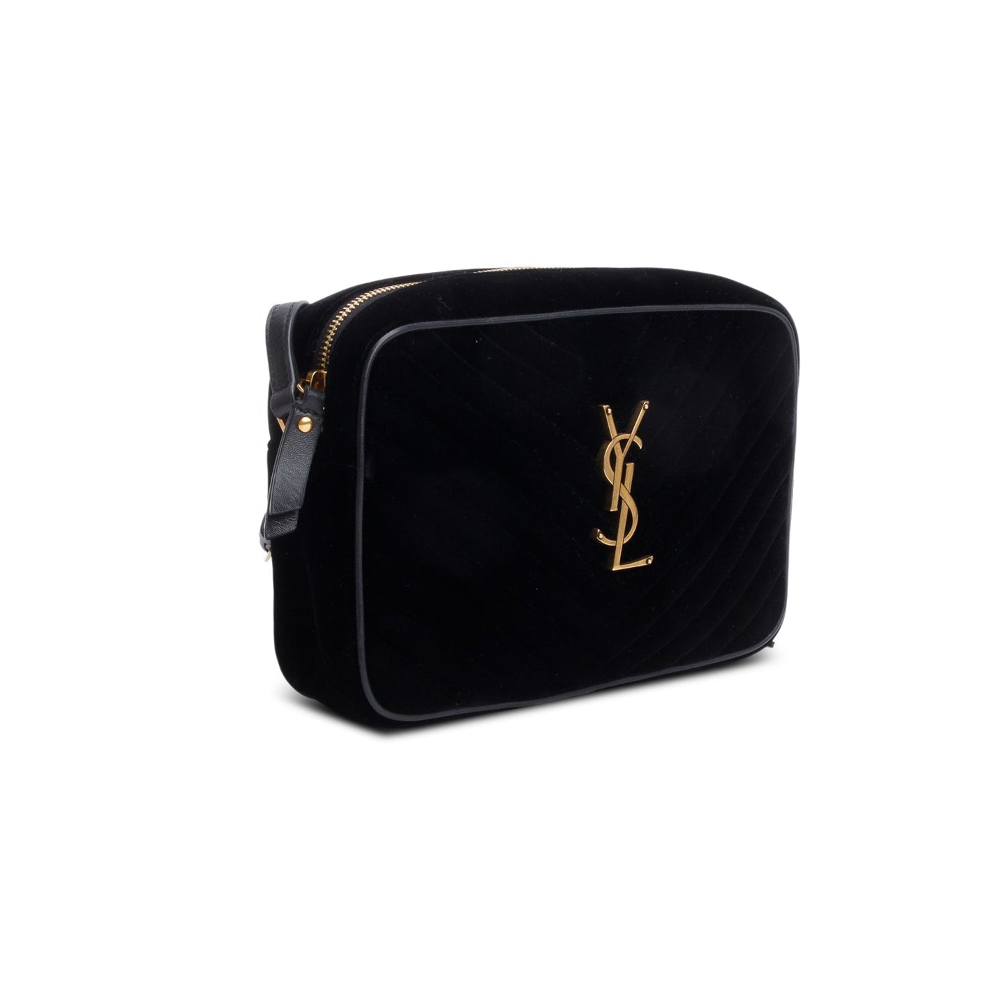 Saint Laurent Black Velvet Medium Lou Chevron Camera Bag