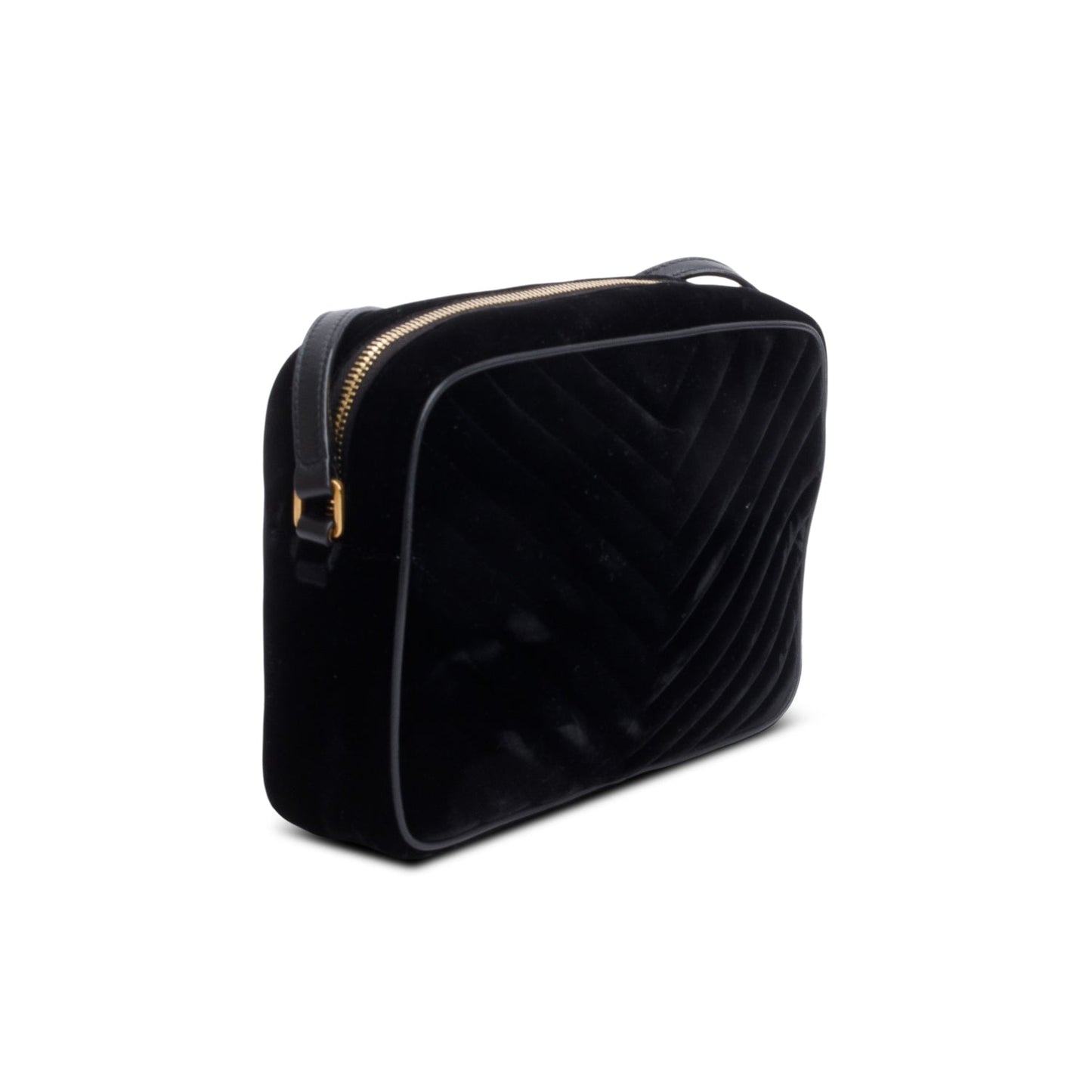Saint Laurent Black Velvet Medium Lou Chevron Camera Bag