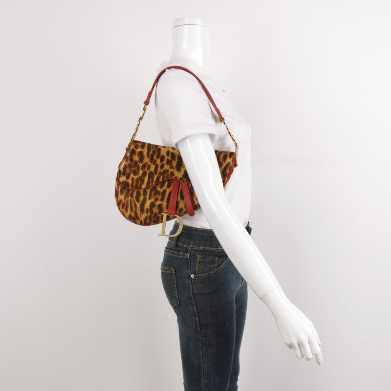 Dior Saddle Vintage Leopard Print Ponyhair and Red Leather John Galliano Rare