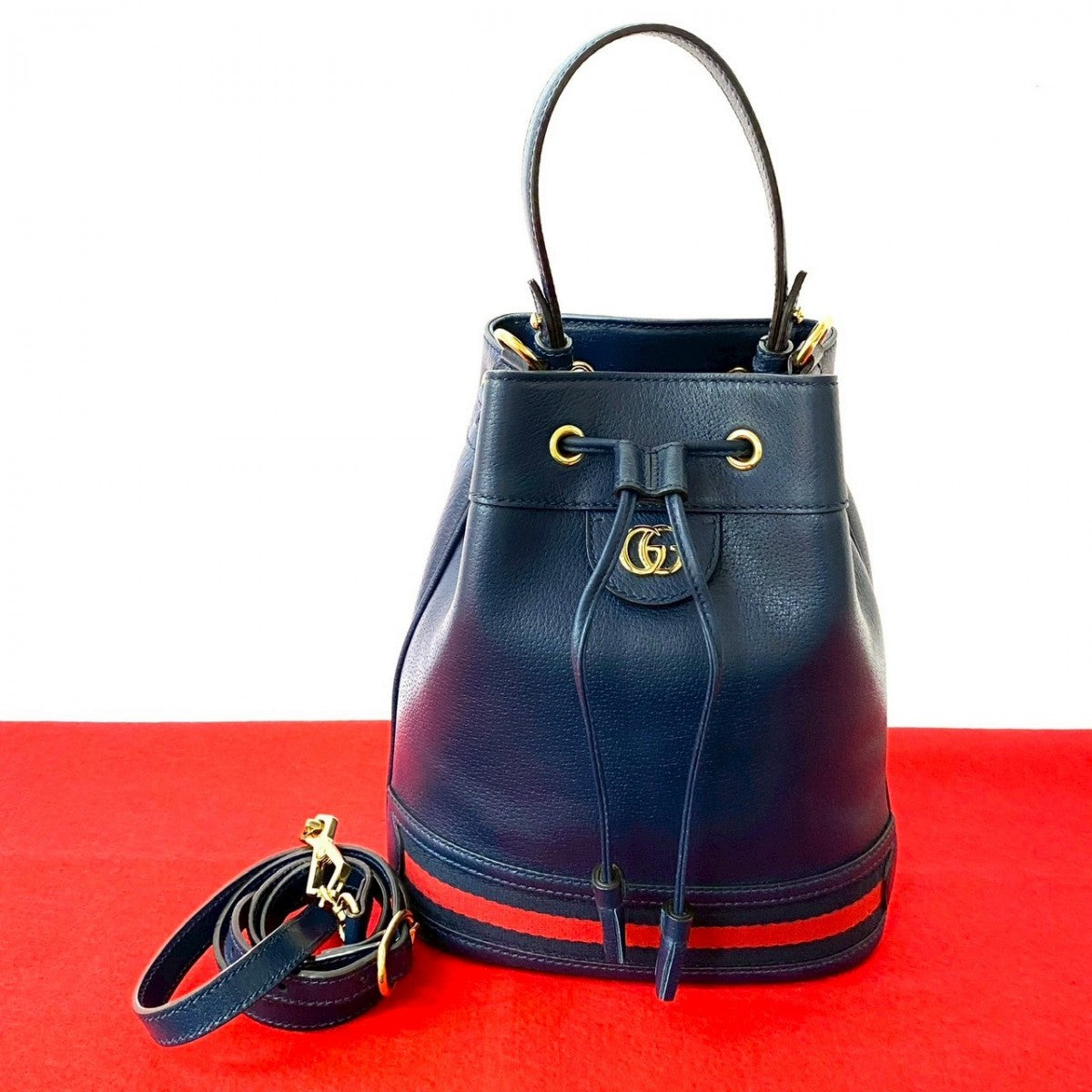 GUCCI Shoulder Bag leather Navy GG logo Metal Sherry line Ophidia Small Bucket Women