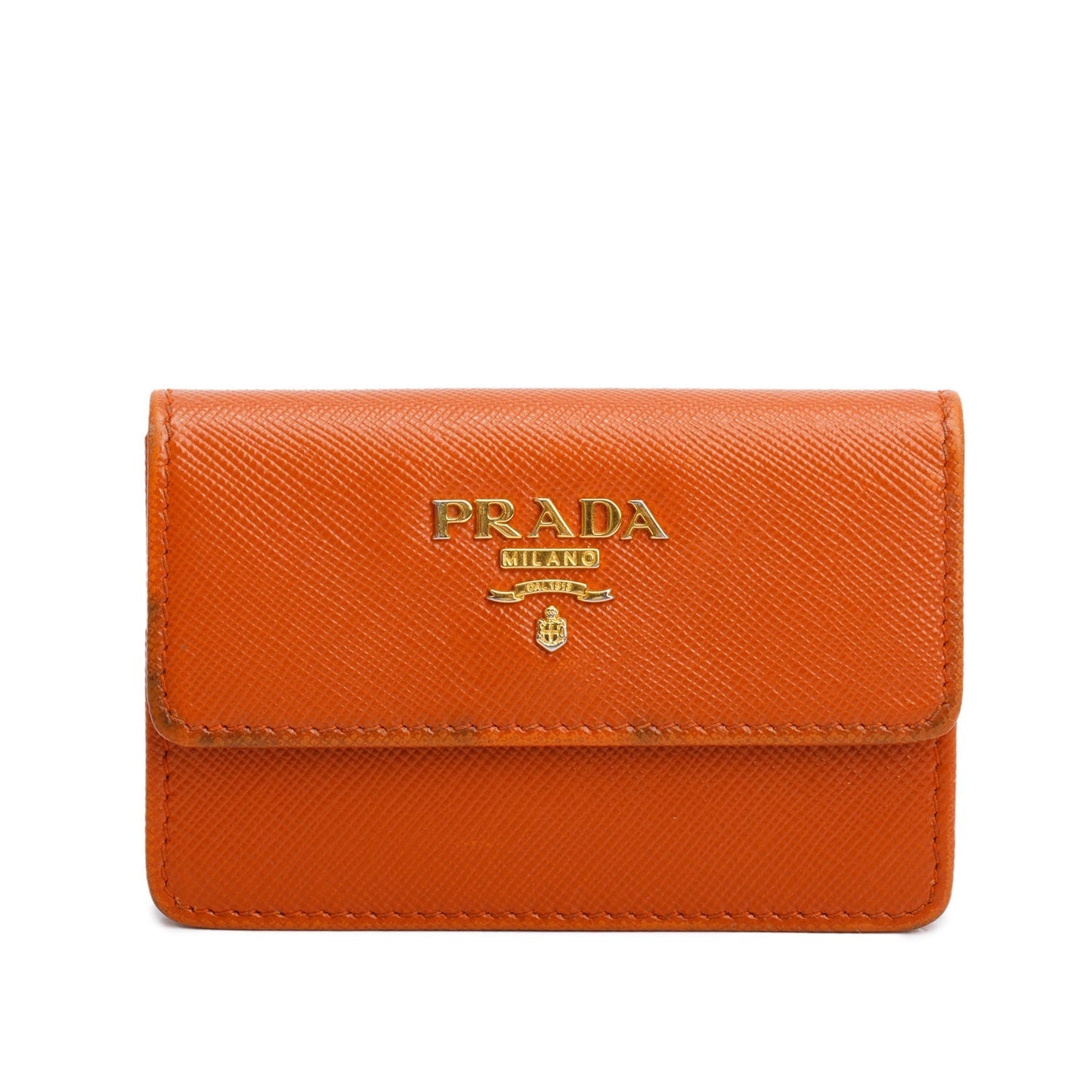 Prada Orange Saffiano Leather Flap Card Holder