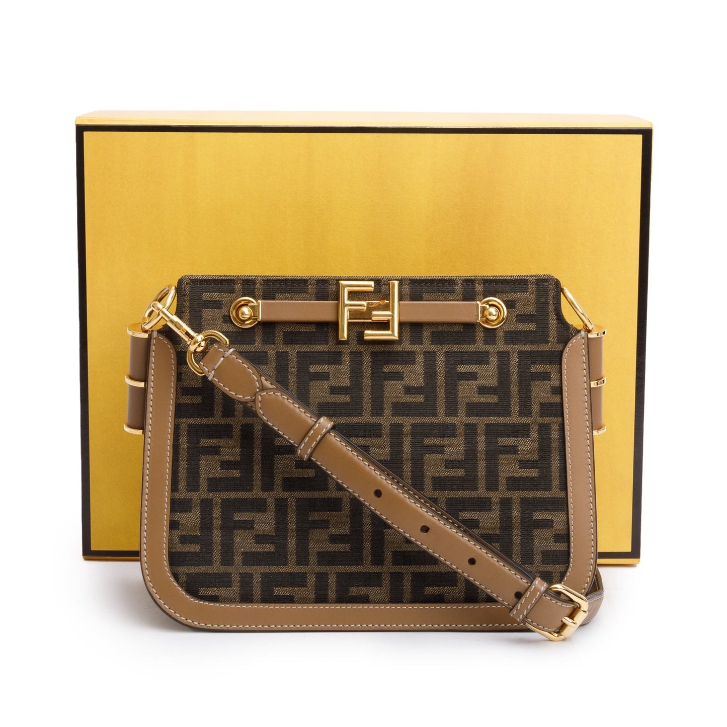 Fendi 2021 Brown FF Zucca Canvas Tan Leather Trim Medium Touch Shoulder Bag