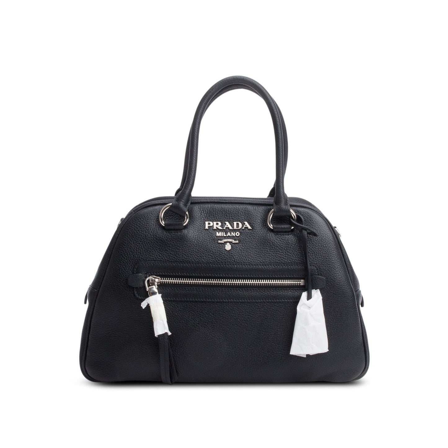 Prada Black Vitello Phenix Leather Convertible Bowling Bag/ Strap & Authenticity Card