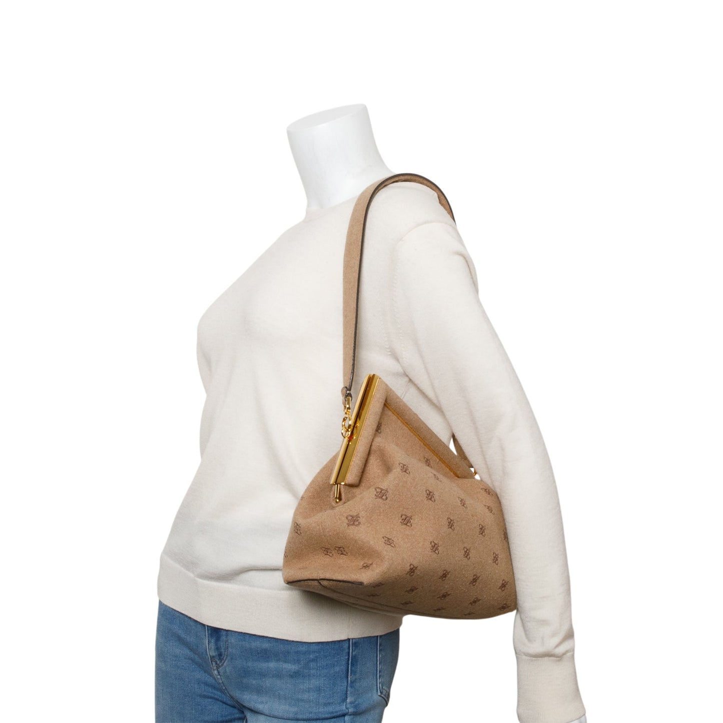 Fendi Beige Flannel Karligraphy Embroidered Medium First Bag