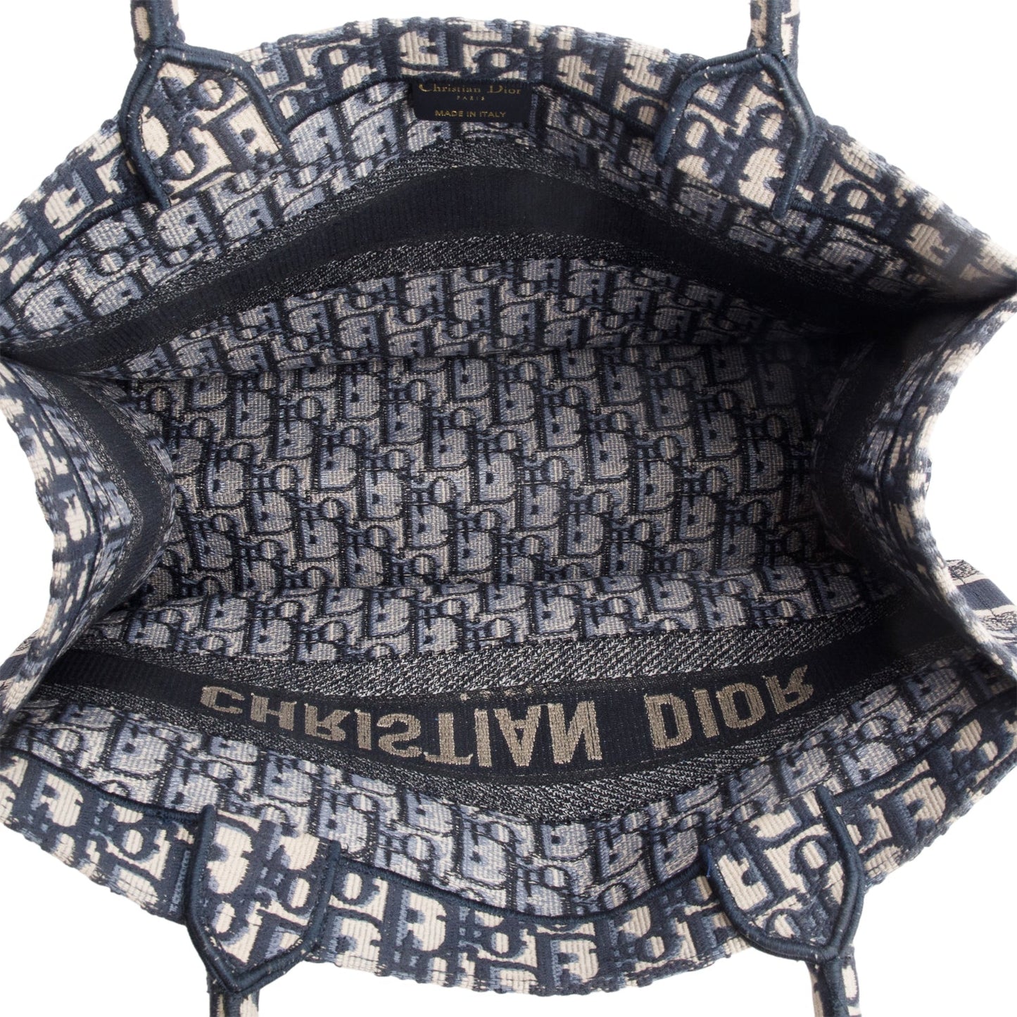 Christian Dior 2023 Ecru and Blue Oblique Embroidery Medium Book Tote