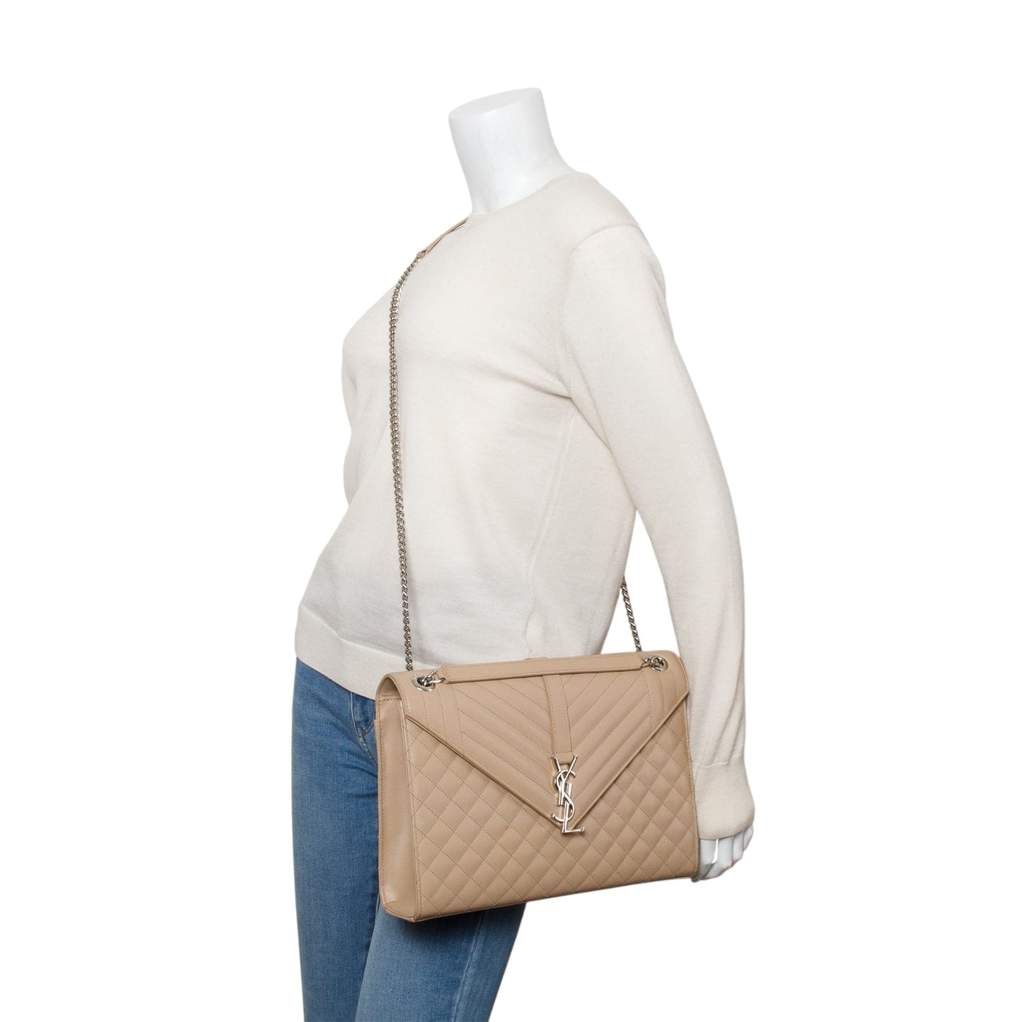 Saint Laurent Beige Quilted Grain De Poudre Leather Large Envelope Chain Bag