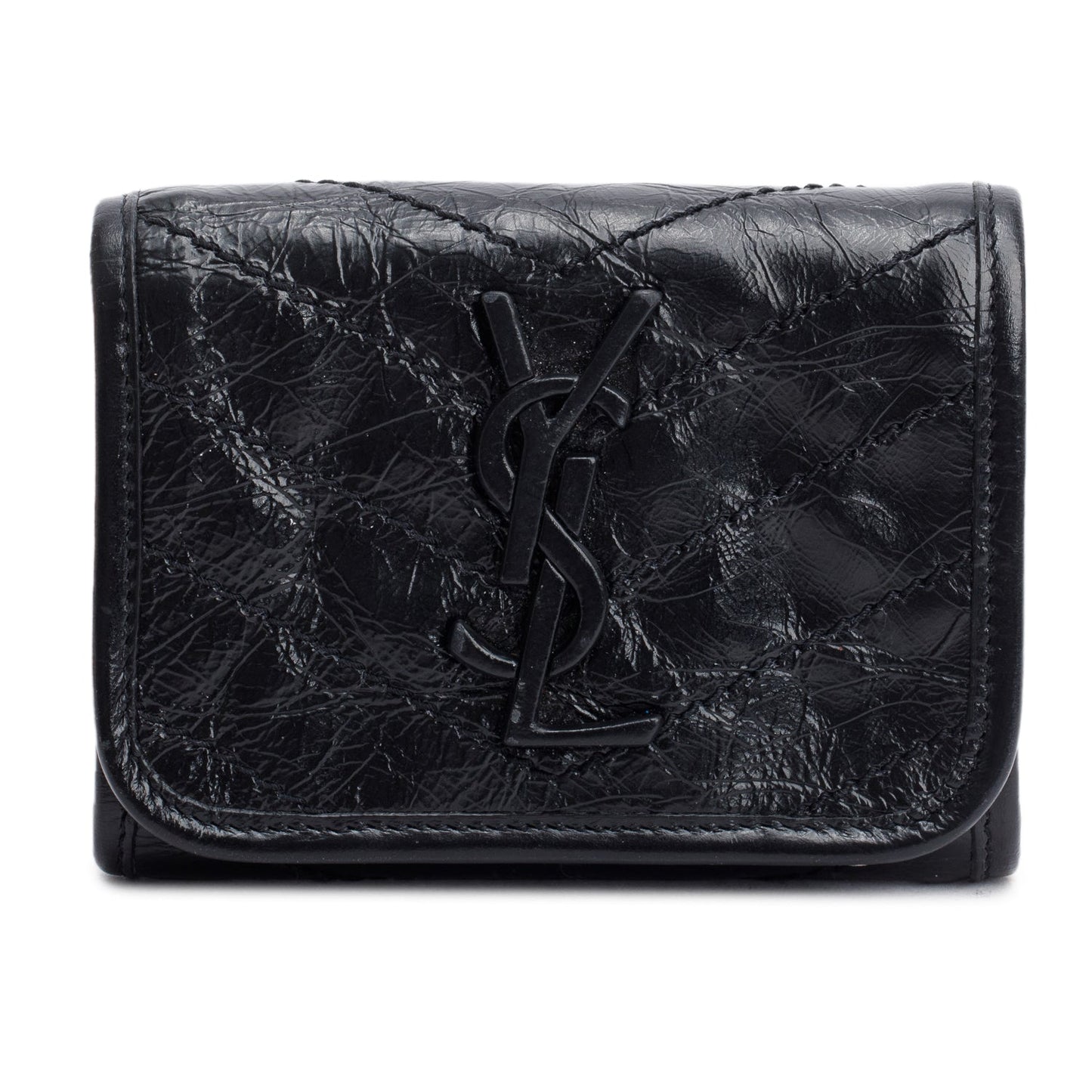 Saint Laurent Black Crinkled Calfskin Niki YSL Monogram Compact Wallet