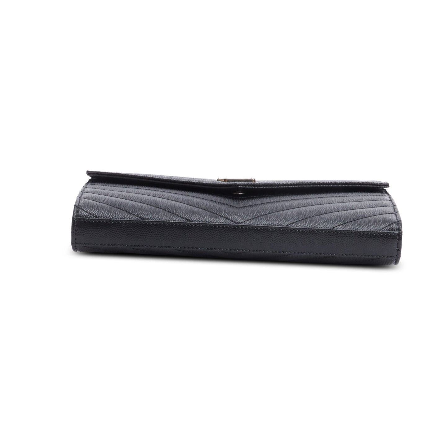 Saint Laurent 2022 Black Grain De Poudre Leather Cassandre Envelope Chain Wallet