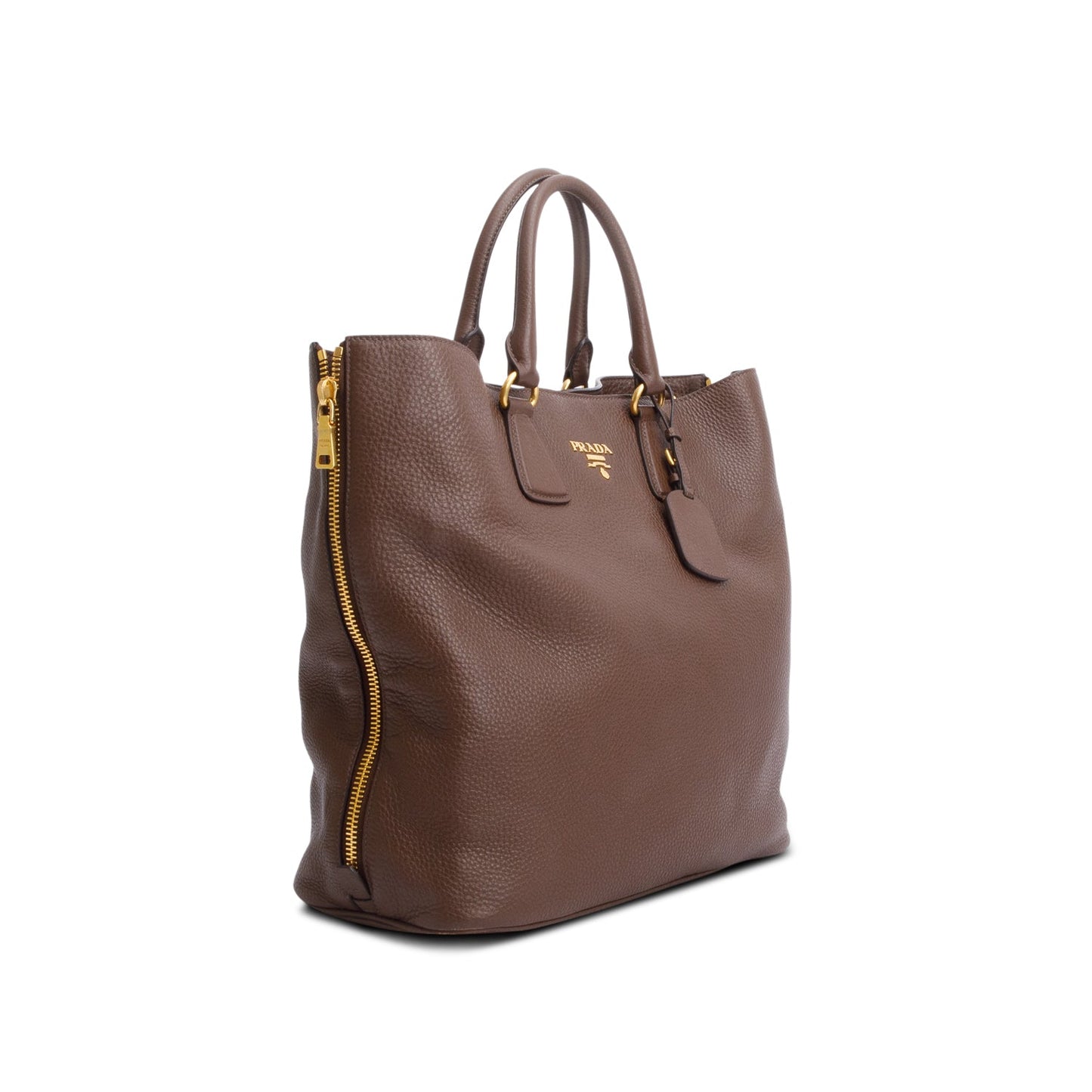 Prada Brown Vitello Daino Leather Side Zip Shopping Tote