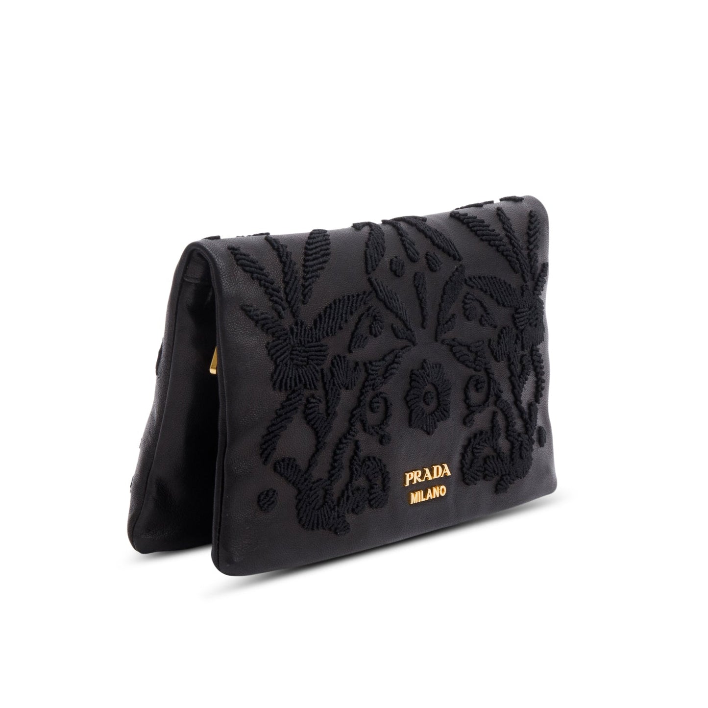 Prada Black Nappa Ricamo Flap Clutch