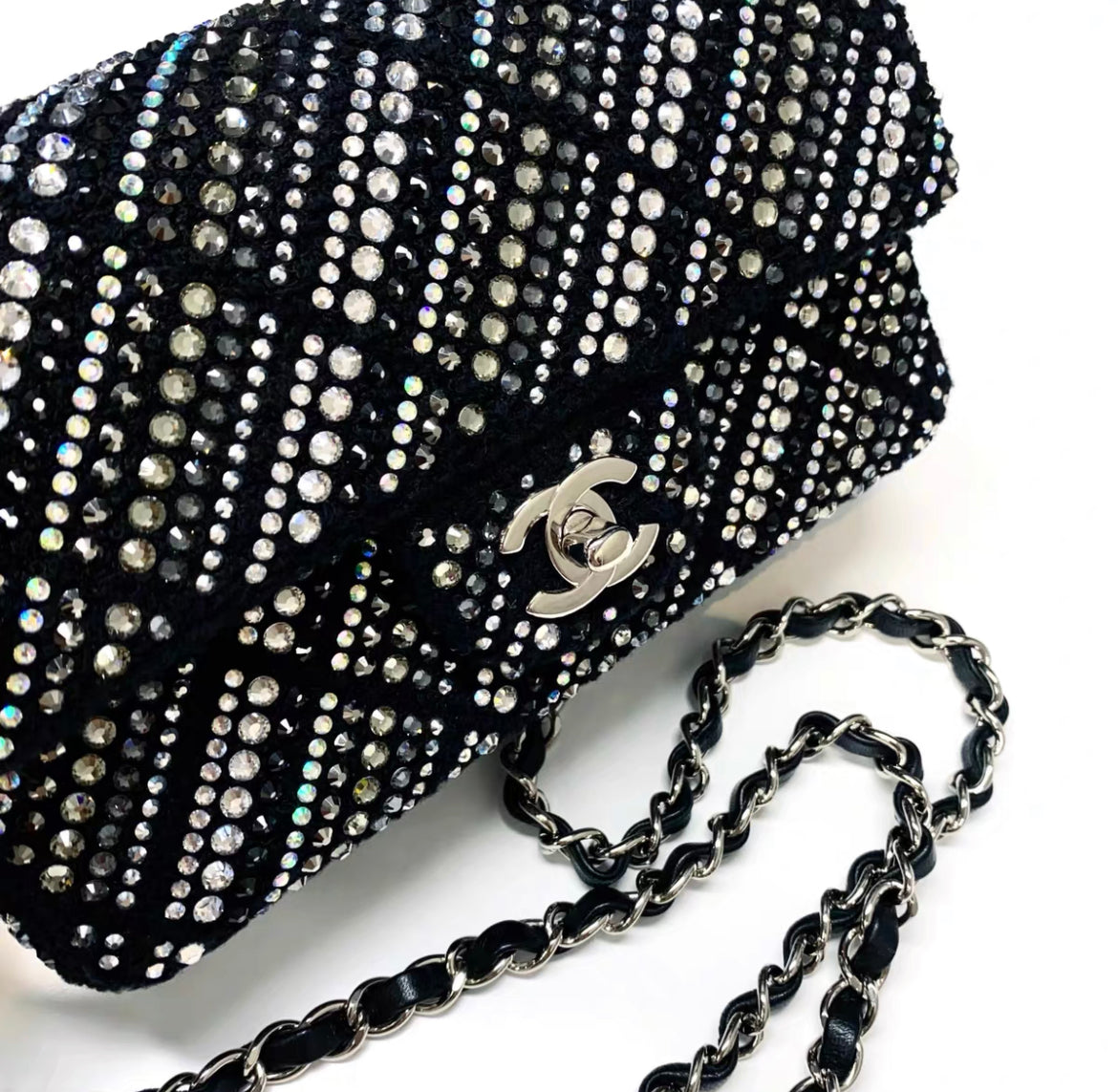 CHANEL 22A tweed, diamantés & silver metal black classic handbag